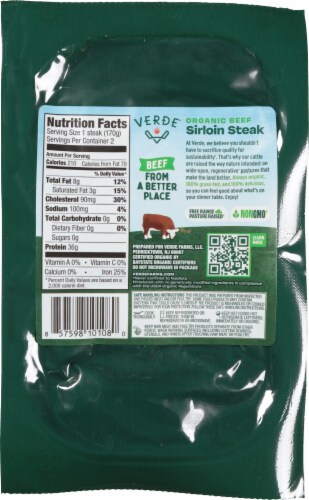 Verde® 100% Grass Fed Organic Beef Sirloin Steaks Perspective: back