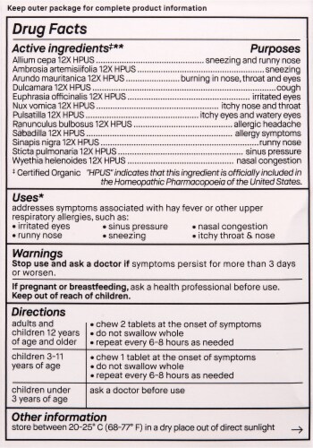 Genexa Organic Allergy Care Non-Drowsy Acai Berry Flavor Allergy & Decongestant Chewable Tablets Perspective: back
