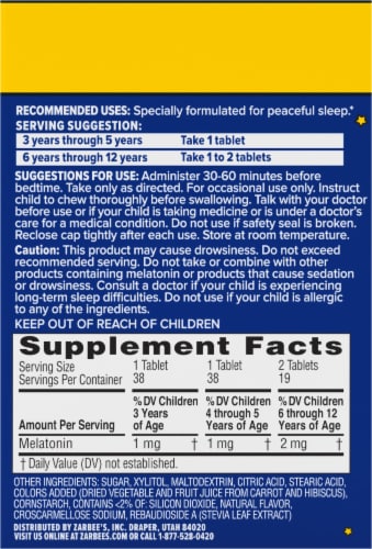 Zarbee's Naturals Children's Sleep with Melatonin Grape Flavor Chewable Tablets Perspective: back