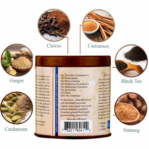Blue Lotus Chai Traditional Masala Chai Powder Perspective: back