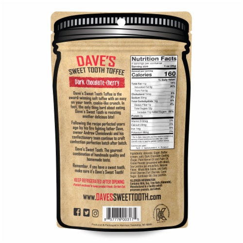 Dave's Sweet Tooth Dark Chocolate Cherry Gourmet Soft Toffee Valentine Candy Perspective: back