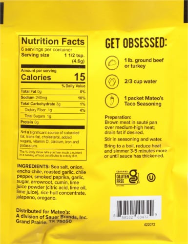Mateo's Medium Ancho Chile Taco Seasoning Perspective: back