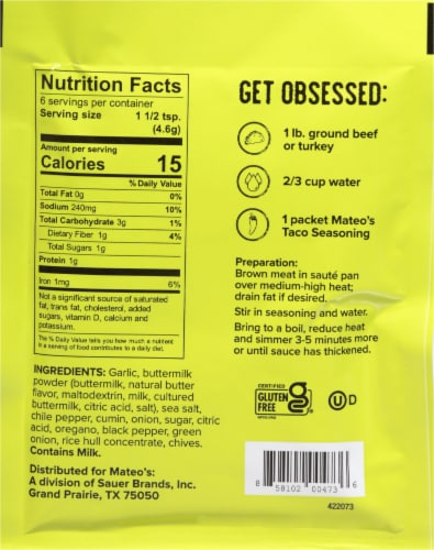 Mateo's Mild Southwest Ranch Taco Seasoning Perspective: back