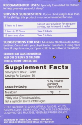 Zarbee's® Naturals Children's Sleep Melatonin Tablets Perspective: back