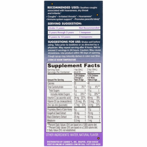 Zarbee's® Naturals Children's Nighttime Berry Flavor Cough Syrup + Immune Dietary Supplement Perspective: back