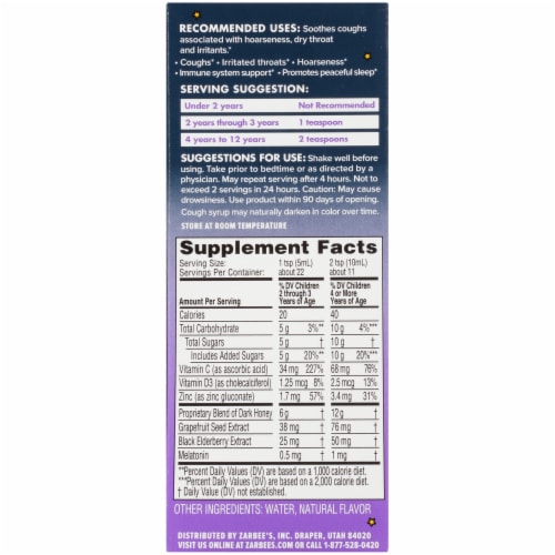 Zarbee's® Naturals Children's Nighttime Berry Flavor Cough Syrup + Immune Dietary Supplement Perspective: back