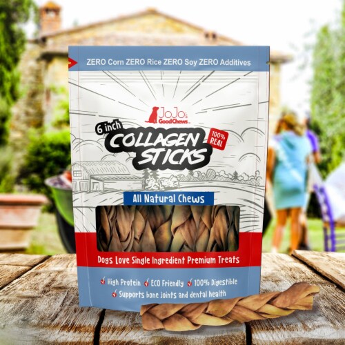 JoJo Modern Pets 6 Inch Braided Collagen Sticks - All Natural Dog Treats - Thick (4-Pack) Perspective: back