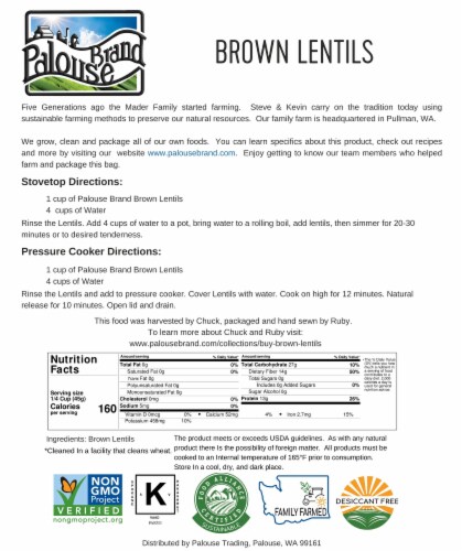 Palouse Brand Brown Lentils, 4 LBS Re-Sealable Bag Perspective: back