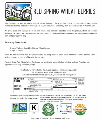 Palouse Brand Red Spring Wheat Berries, 4 LBS Kraft Re-Sealable Bag Perspective: back