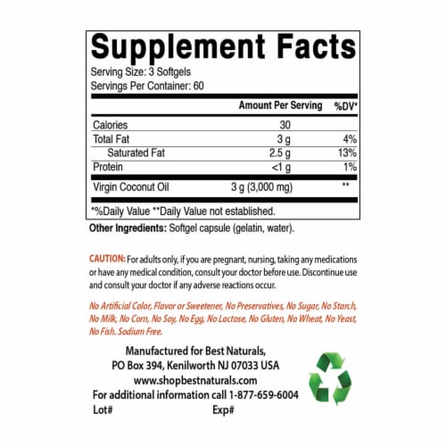 Best Naturals Extra Virgin Coconut Oil 1000 mg Softgel, 180 Count Perspective: back