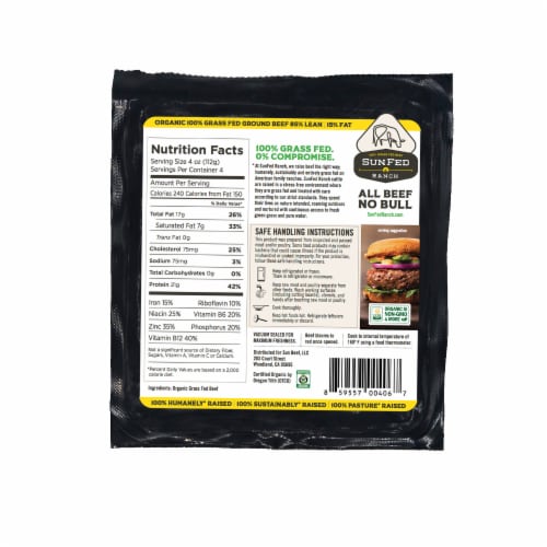 SunFed Ranch 85% Lean 100% Grass Fed Organic Ground Beef Perspective: back