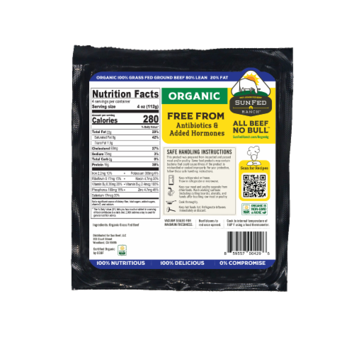 SunFed Ranch 100% Grass Fed 80% Lean Organic Ground Beef Brick Perspective: back