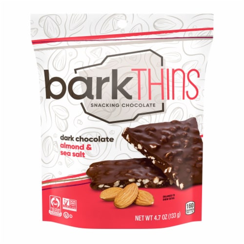 barkTHINS Dark Chocolate Almond and Sea Salt Snacking Chocolate Bag Perspective: back