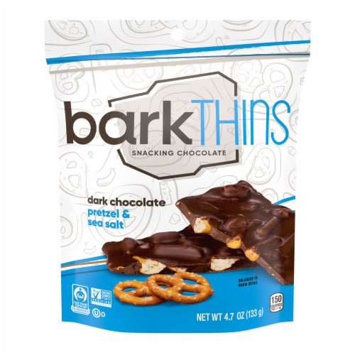 barkTHINS Dark Chocolate Pretzel and Sea Salt Snacking Chocolate Bag Perspective: back