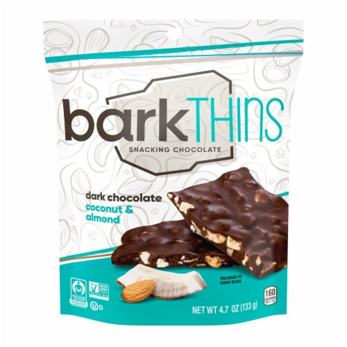 barkTHINS Dark Chocolate Coconut and Almond Snacking Chocolate Bag Perspective: back