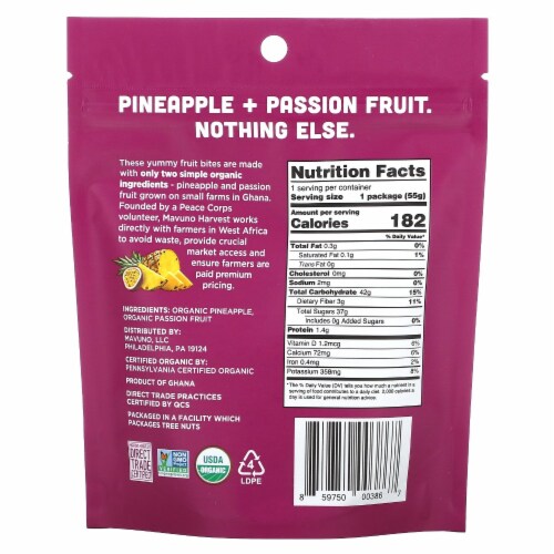Mavuno Harvest Organic Chew Fruit Bites Pineapple + Passion Fruit - 1.94 oz (55 g) Perspective: back