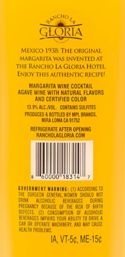 Rancho La Gloria Peach Margarita Wine Ready to Drink Cocktail Single Bottle Perspective: back