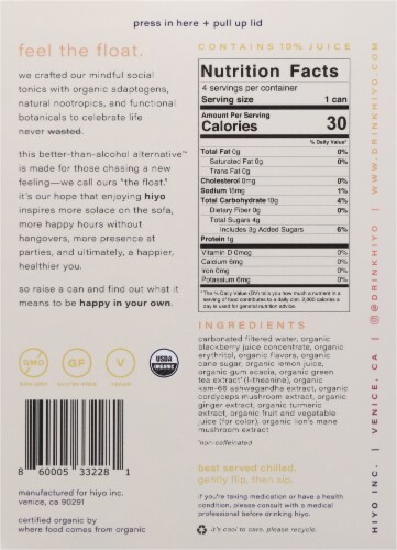 Hiyo® Non Alcoholic Social Tonic Organic Blackberry Lemon Functional Seltzer Perspective: back