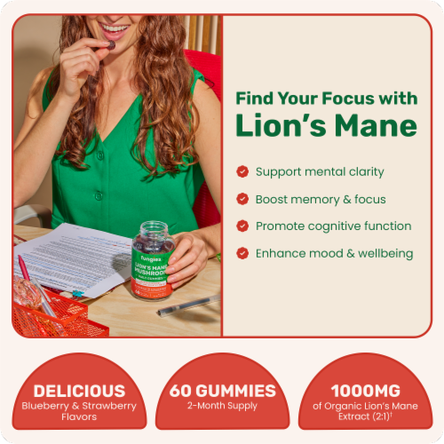 Fungies® Lion's Mane Mushroom Gummies Blueberry and Strawberry - 60 Pectin Gummies Perspective: back