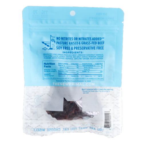 The New Primal Gluten Free Sea Salt & Pepper Grass Fed Beef Jerky Perspective: back