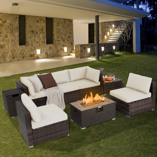 Costway 8PCS Patio Rattan Furniture Set Fire Pit Table Tank Holder Cover Deck Off White 8PCS Fry s Food Stores