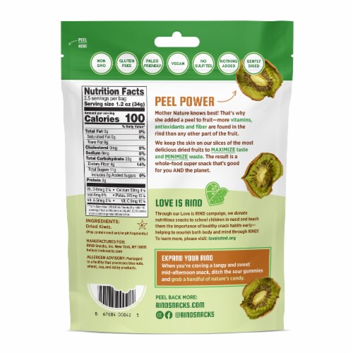 RIND Snacks Tangy Kiwi Dried Fruit Superfood - 3oz Bags, 6 Bags Total Perspective: back