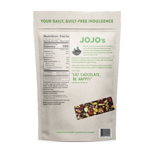 JOJO's Chocolate Original Pistachios Almonds & Cranberries Dark Chocolate Bar Perspective: back