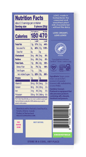 LOVO® Coconutmilk Chocolate Candy Bar Perspective: back