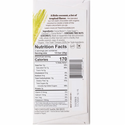 Theo Organic Fair Trade Coconut in 70% Dark Chocolate Perspective: back