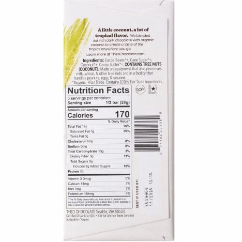 Theo Organic Fair Trade Coconut in 70% Dark Chocolate Perspective: back