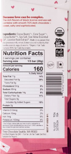 Theo® Fair Trade Organic Salted Black Licorice 70% Dark Chocolate Bar Valentine Candy Perspective: back