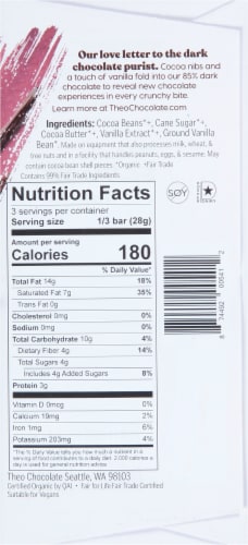 Theo® Organic Extra Dark Vanilla Cocoa Nib 85% Dark Chocolate Perspective: back