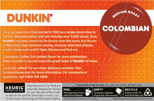 Dunkin’ Colombian Coffee, Medium Roast, Keurig K-Cup Pods Perspective: back