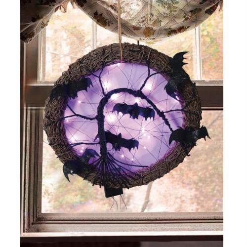 Northlight 15  LED Lighted Rattan with Bats Halloween Wreath - Purple Lights Perspective: back
