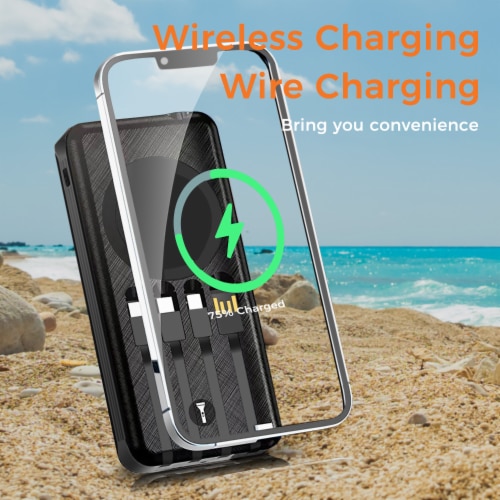 Outdoor Solar 10,000mAh Power Bank - Wireless Charging, Built-in Cables, IP65Water/Dust proof Perspective: back