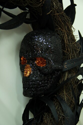 Gothic 17 Inch Diameter Black Skull Halloween Feather Wreath Door or Wall Decor Perspective: back
