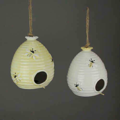 Dolomite Bumble Bee Hive Bird House Decorative Ceramic Outdoor Decor Set of 2 Perspective: back