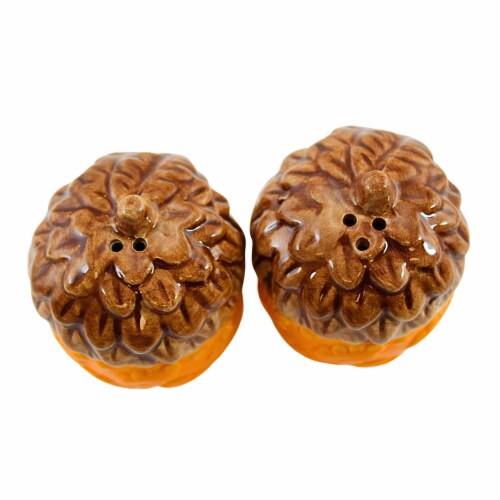 Transpac 3.00 Patterned Acorn Salt & Pepper Shaker Set Autumn Thanksgiving Seasonal Tableware Perspective: back