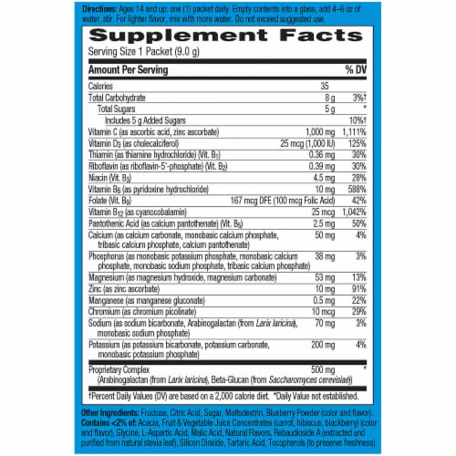 Emergen-C Immune Plus Blueberry-Acai Flavored Fizzy Drink Mix Packets Perspective: back