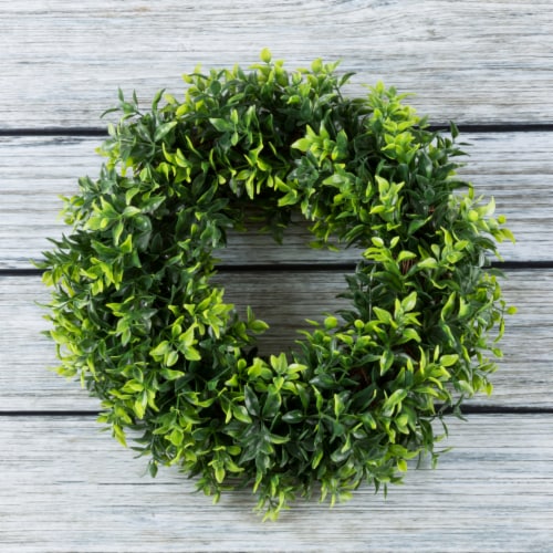 Artificial Opal Basil Leaf 11.5 inch Round Wreath by Pure Garden Perspective: back