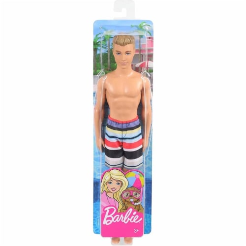 Mattel Barbie® Ken Beach Doll Wearing Striped Swimsuit Perspective: back