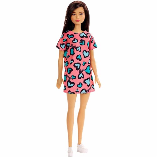 Barbie Brunette Doll Heart Print Dress and Platform Sneakers - Pink/Blue Perspective: back