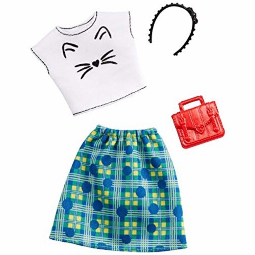 Barbie Tee Shirt Skirt & Doll Accessories - Kitten Whiskers & Green Plaid Perspective: back