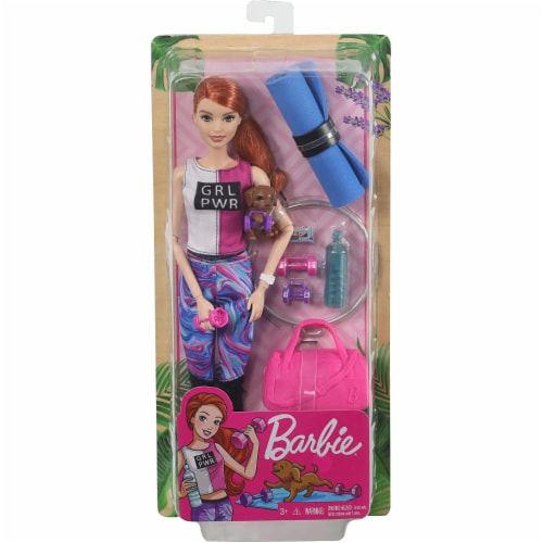 Barbie Fitness Doll Red Haired with Puppy and 9 Accessories Including Yoga Mat with Strap 1 Mariano s