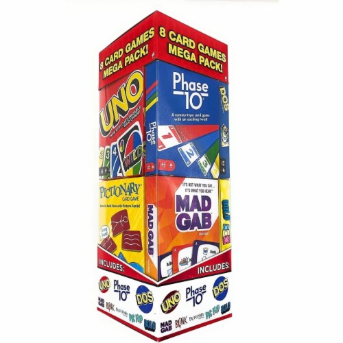 Mattel 8ct Card Games Mega Pack Uno Pictionary Phase 10 Mad Gab Dos Bold Blink Pic Flip Perspective: back