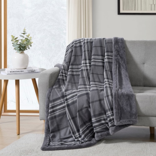 HD Designs Plaid Faux Fur Reversible Throw Blanket - Gray Perspective: back