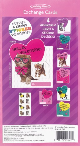 Holiday Home Valentine's Day Exchange Cards Puppies/Kittens with Puffy Glitter Stickers Perspective: back