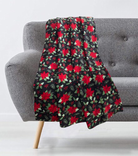 Holiday Home Rolled Christmas Throw Blanket - Poinsettia Blooms Perspective: back