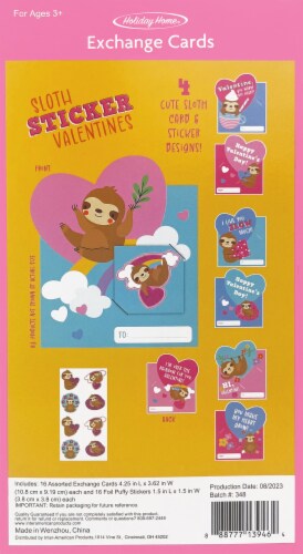 Holiday Home Valentine's Day Exchange Cards Sloth with Puffy Glitter Stickers Perspective: back