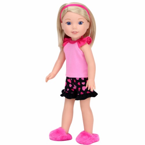 Sophia's Girl Pink & Black Heart Print Pajamas, Hair Tie & Fluffy Slippers for 15  Dolls Perspective: back